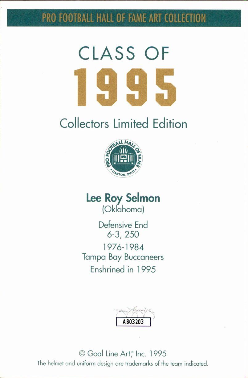 Lee Roy Selmon Buccaneers Signed/Inscr Goal Line Art GLAC Postcard JSA 167091