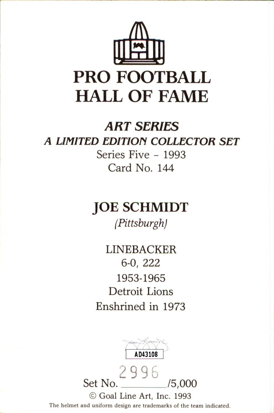 Joe Schmidt HOF Autographed Goal Line Art GLAC Postcard Detroit Lions JSA