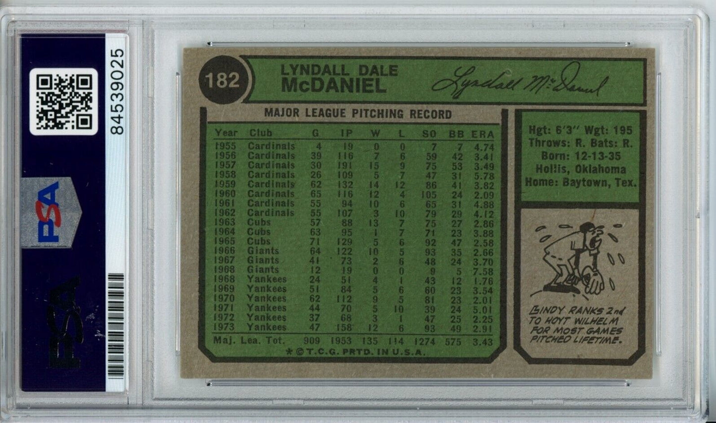 Lindy McDaniel Yankees Signed/Autographed 1974 TOPPS Card #182 PSA/DNA 166849