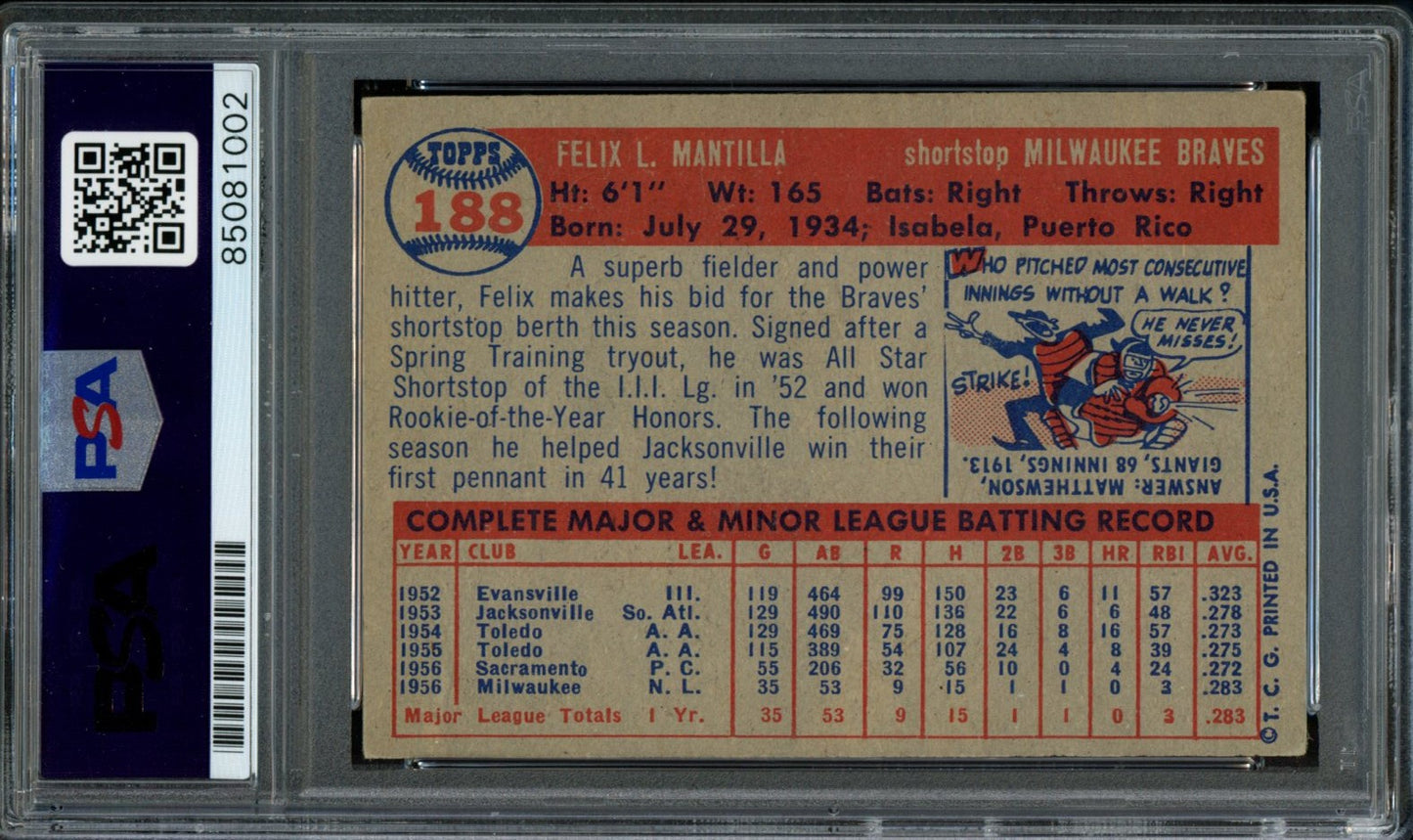 1957 TOPPS Felix Mantilla #188 Auth Card Signed Braves PSA/DNA 184084
