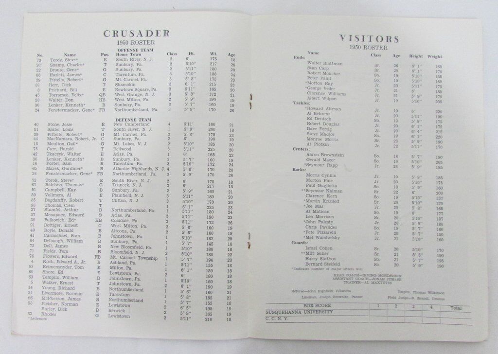 10/28/1950 Susquehanna University Vs. City College of New York Football Program