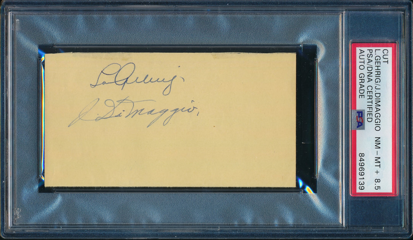 Lou Gehrig / Joe DiMaggio Rookie HOF Dual-Autographed 1938 Cut Yankees PSA/DNA