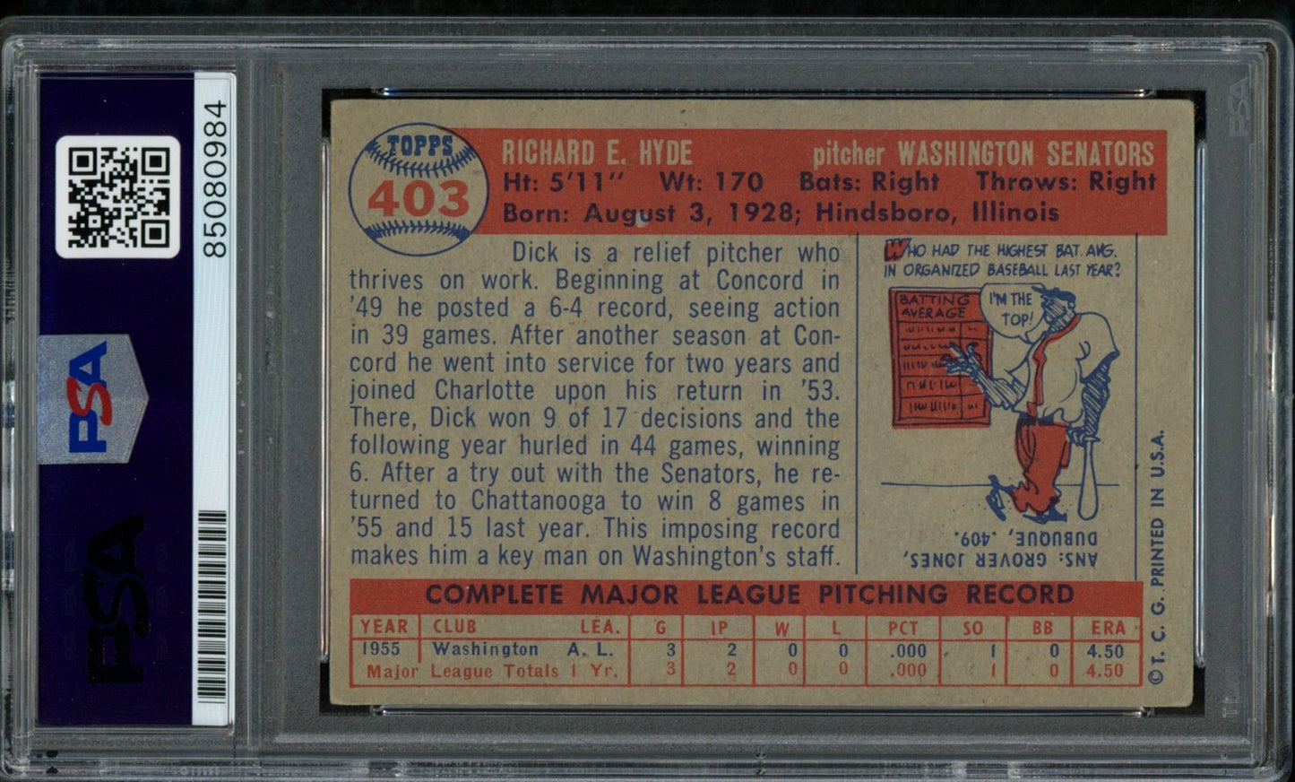 Dick Hyde Signed 1957 Topps Trading Card #403 Senators PSA/DNA 183567