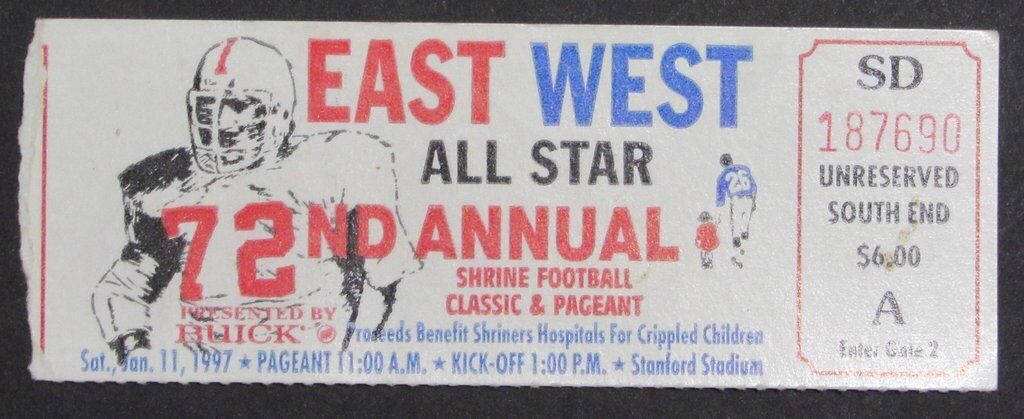 1997 East vs. West Shrine Game Ticket Stub Stanford Stadium 1/11/97