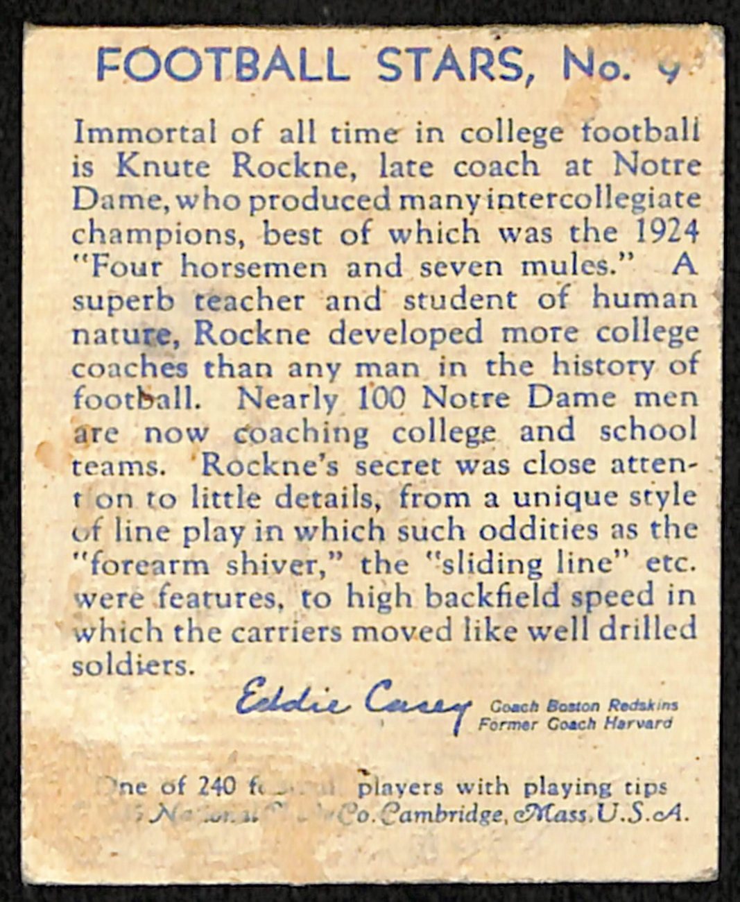 1935 National Chicle Football Knute Rochne Notre Dame #9 192140