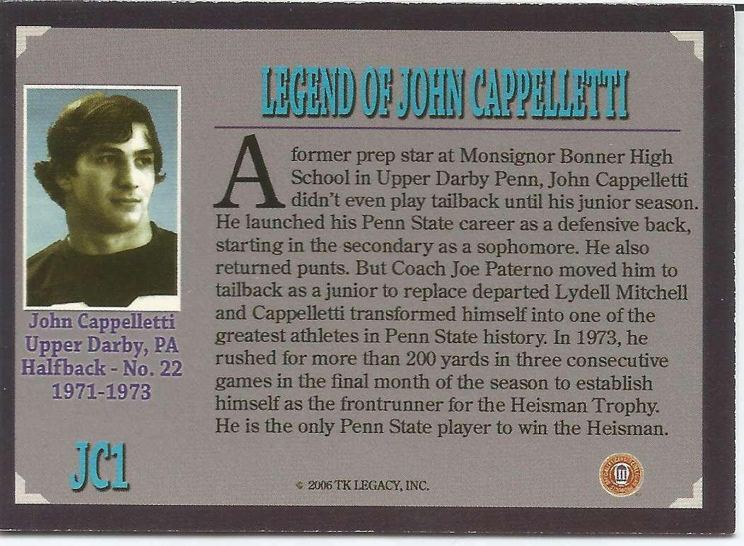 John Cappelletti Signed/Autographed 2006 Penn State TKLegacy Card #JC1 151189