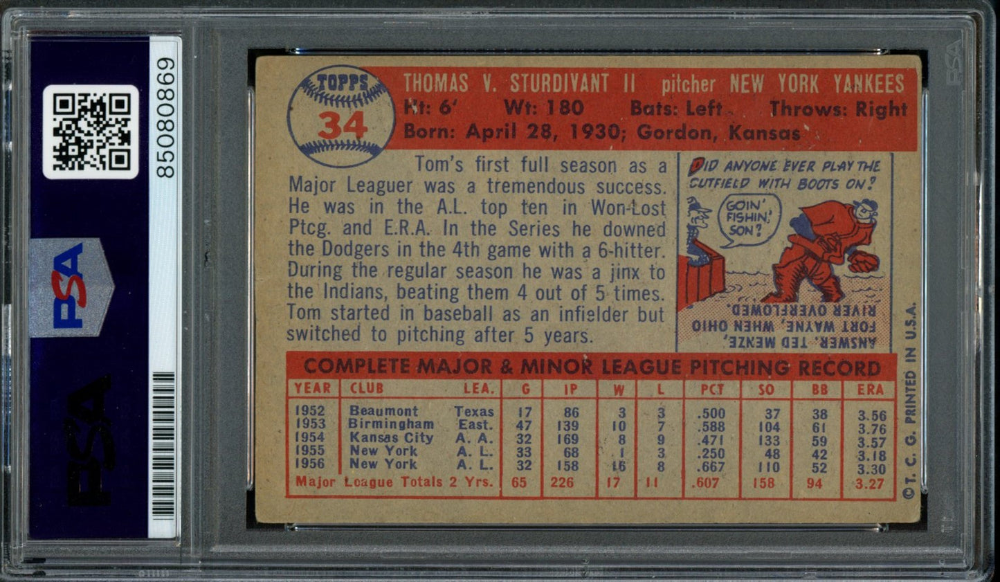 1957 TOPPS Tom Sturdivant #34 Auth Card Signed Yankees PSA/DNA 184098