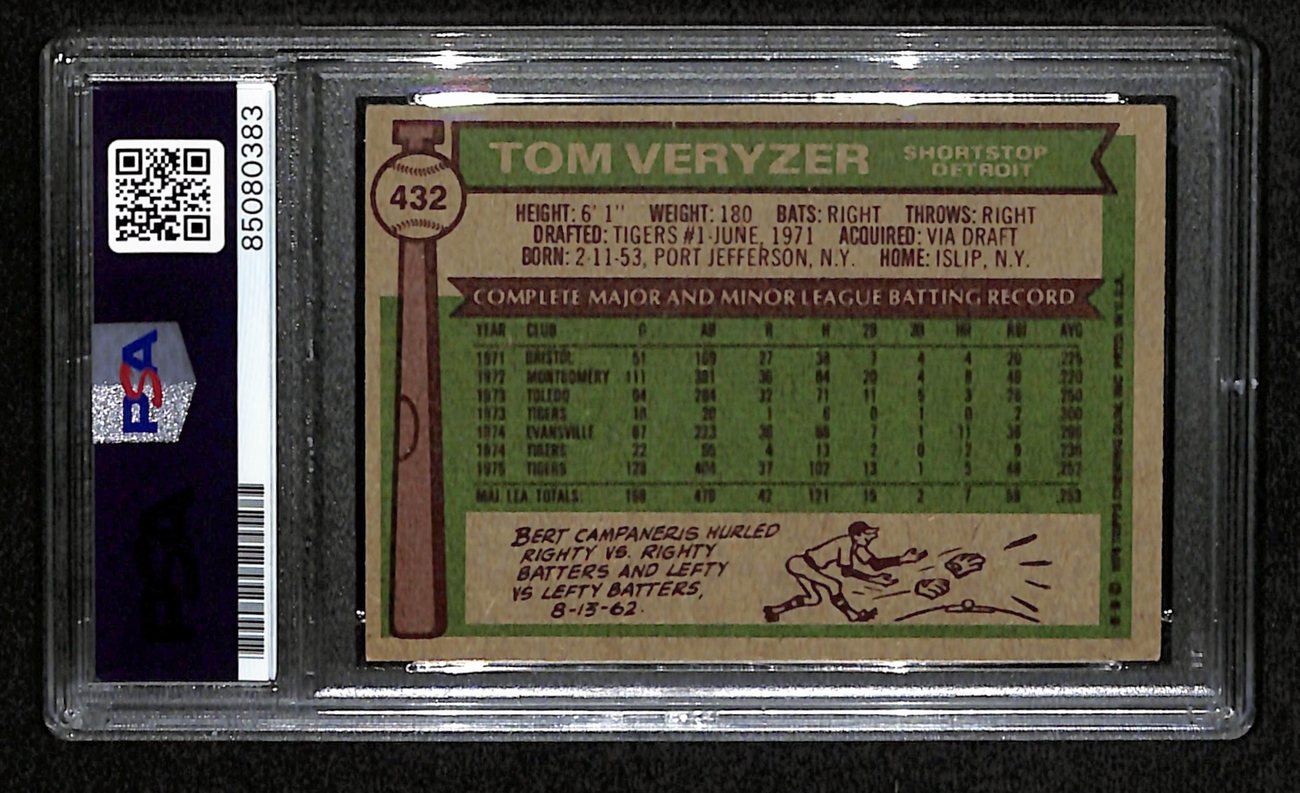Tom Veryzer Signed 1976 Topps Card #432 Detroit Tigers PSA/DNA 184381