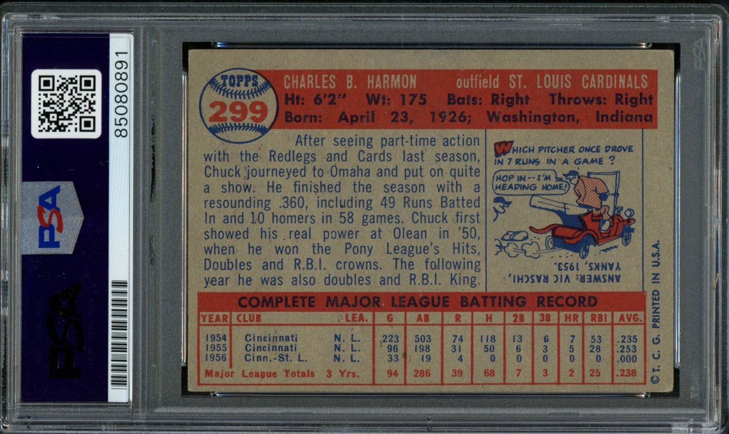 1957 TOPPS Chuck Harmon #299 Auth Card Signed Cardinals PSA/DNA 184134