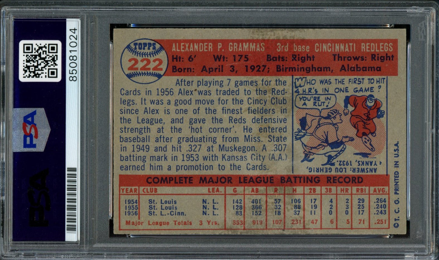 Alex Grammas Signed 1957 Topps Card #222 Cincinnati Redlegs PSA/DNA 184190