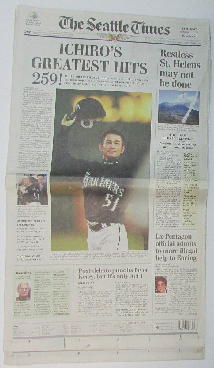 Ichiro Mariners Sets MLB Record of 259 Hits in Season 2004 Seattle Times 147853