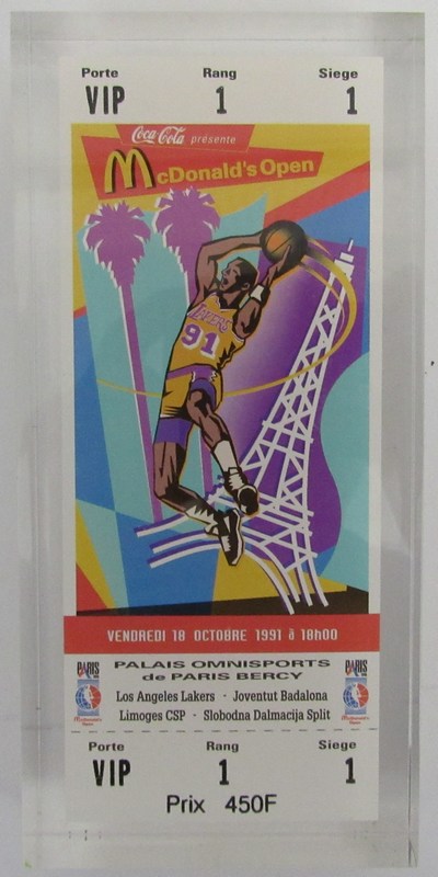 1991 McDonald's Open Full Ticket in Lucite Case LA Lakers Magic MVP 181456