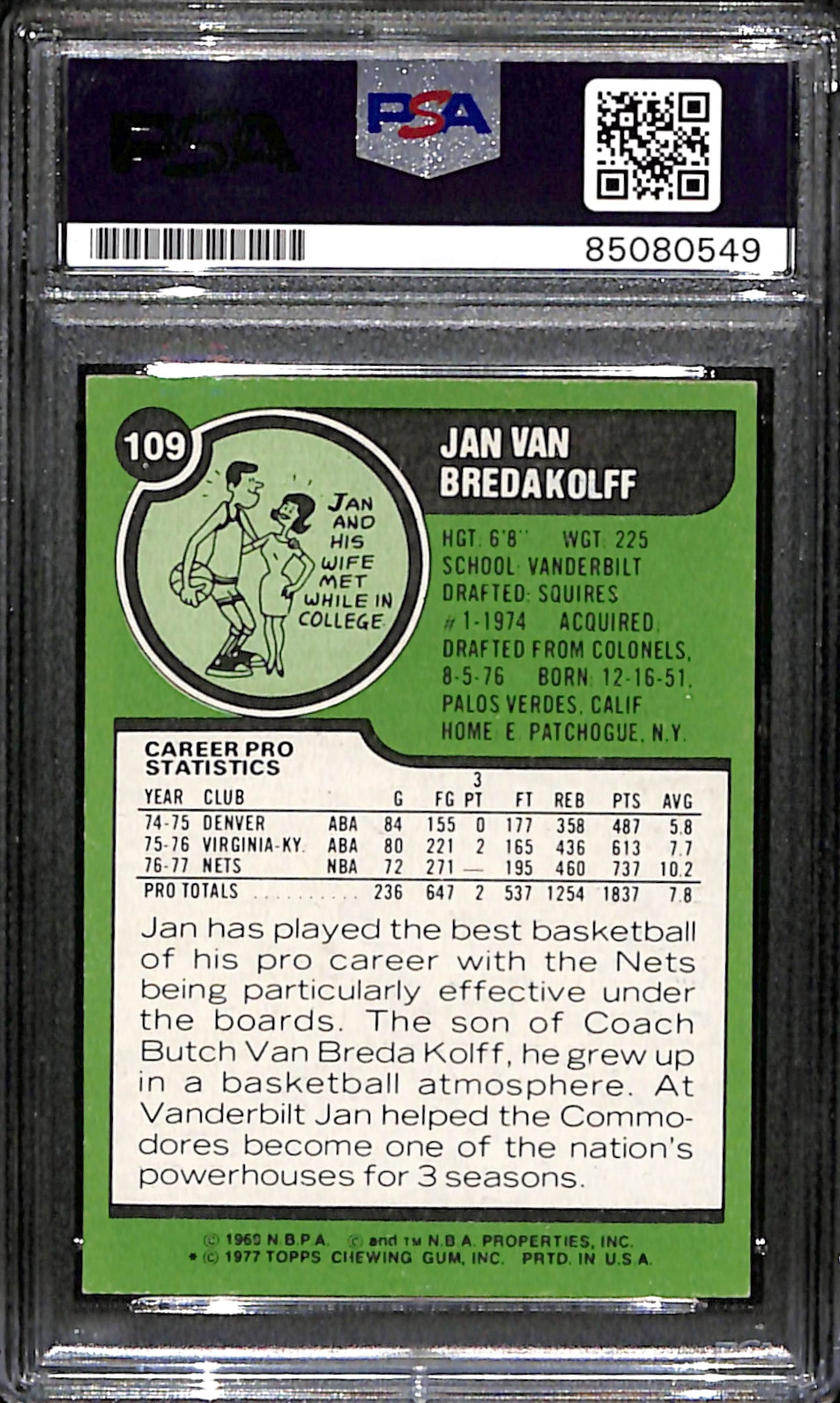 Jan Van Breda Kolff Signed 1977 Topps Card #109 New Jersey Nets PSA/DNA 185703