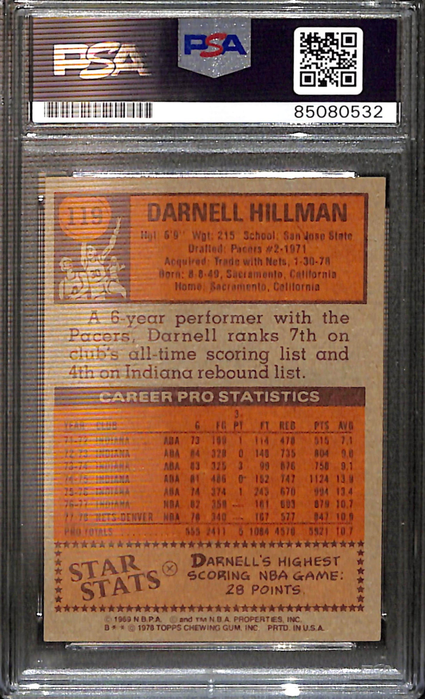 Darnell Hillman Signed/Auto 1978 Topps Card #21 Denver Nuggets PSA/DNA 185437