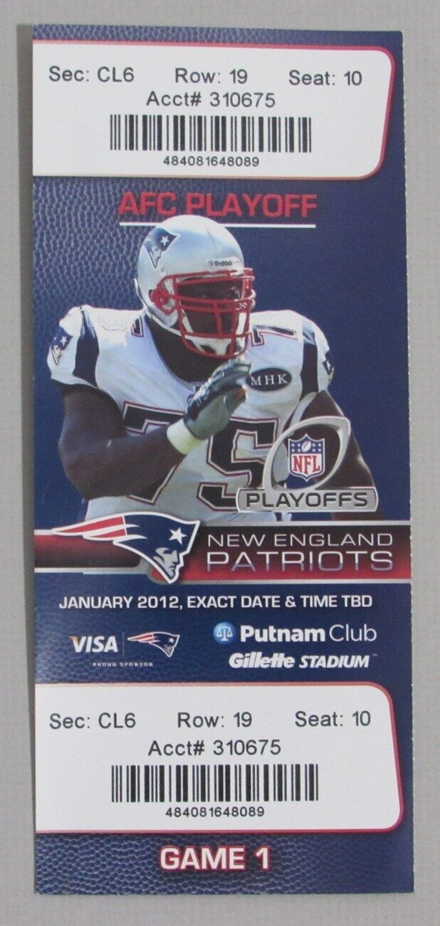 2012 Tom Brady 6 TDS Patriots vs. Broncos 1/14/12 Full Playoff Ticket 180321