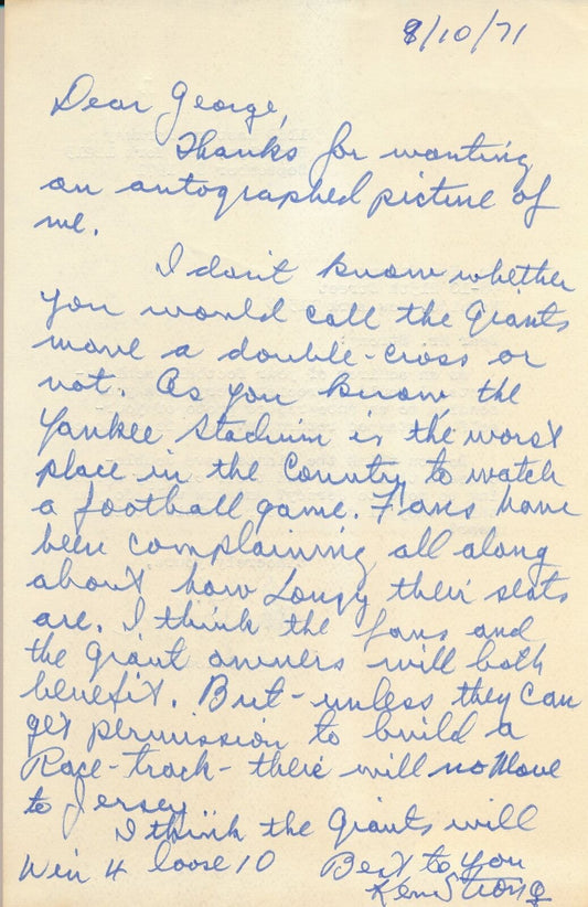 Ken Strong HOF Autographed Personal Letter New York Giants JSA