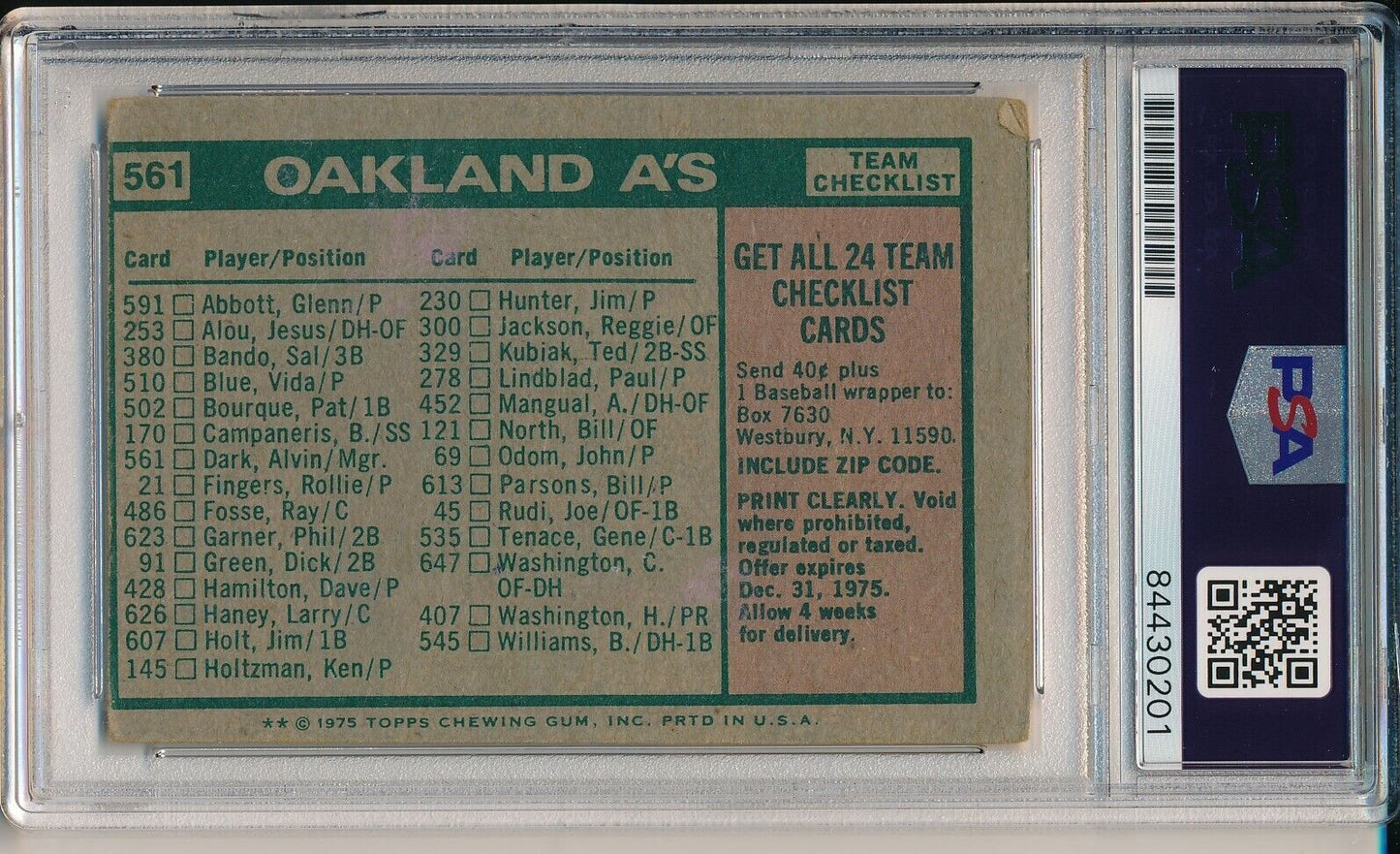 Al Dark Oakland A's Signed/Autographed 1975 TOPPS Card #561 PSA/DNA 164179