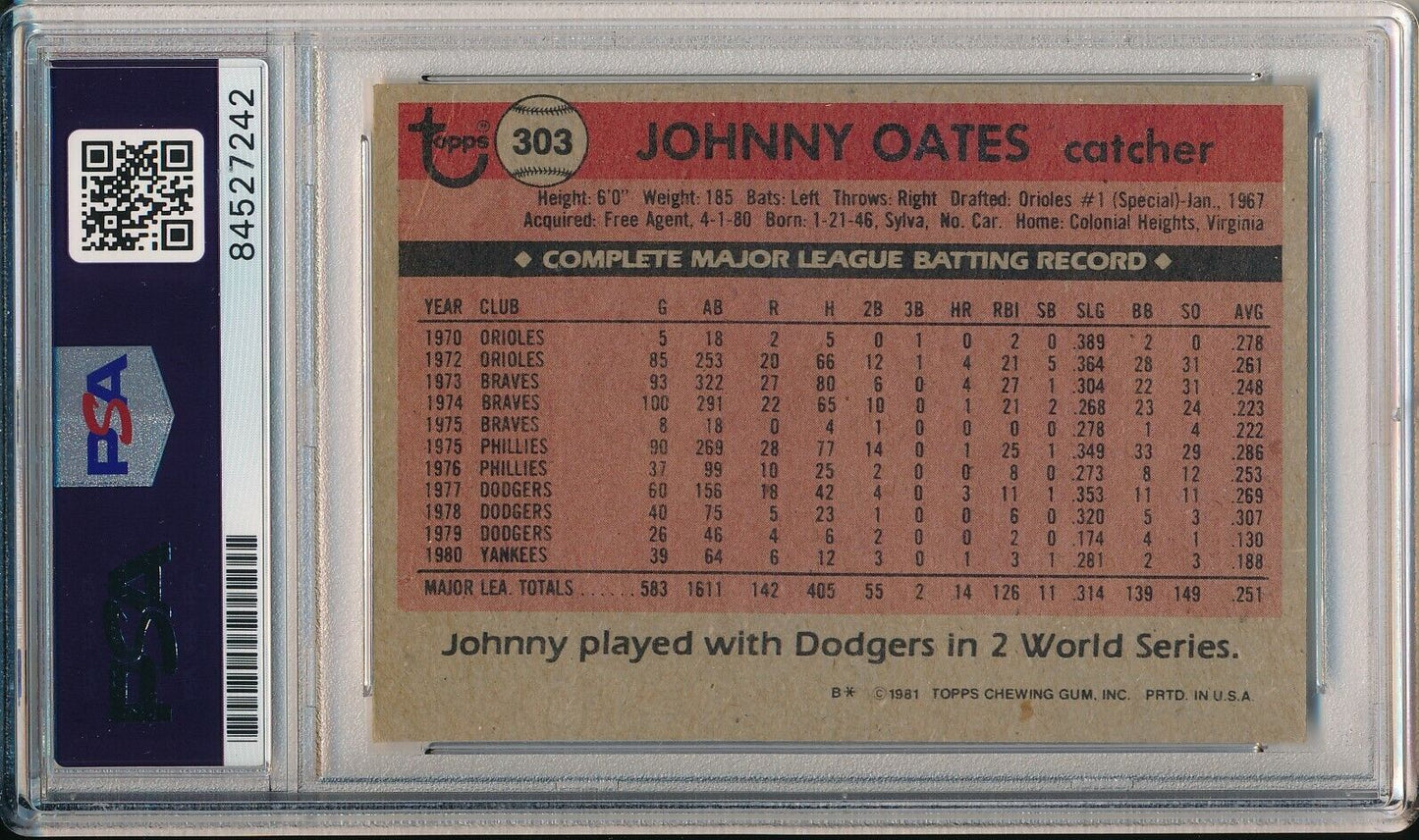 Johnny Oates Yankees Signed/Autographed 1981 TOPPS Card #303 PSA/DNA 166421