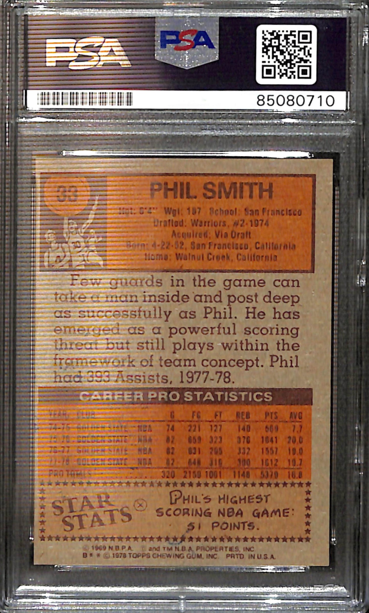 Phil Smith Signed/Auto 1978 Topps Card #33 Warriors PSA/DNA 185412