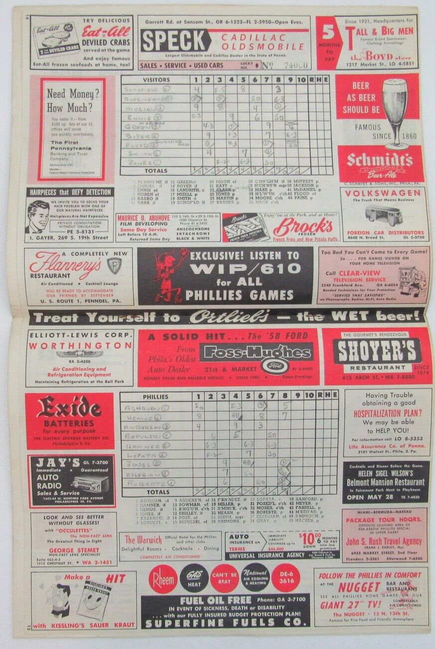 1958 Phillies Scorecard/Program vs. Cardinals Scored Ashburn/Musial 157808