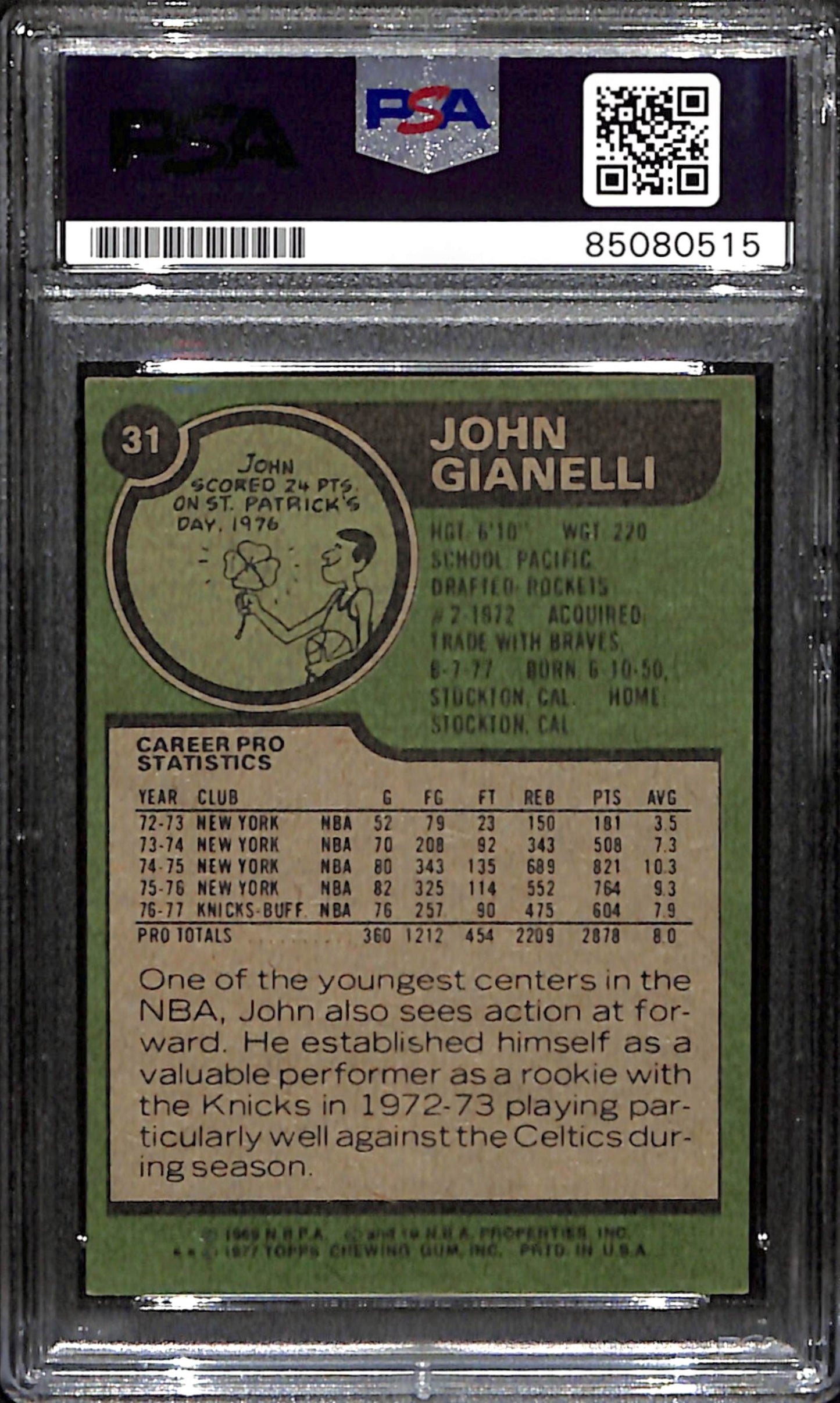 John Gianelli Signed 1977 Topps Card #31 Cleveland Cavaliers PSA/DNA 185722