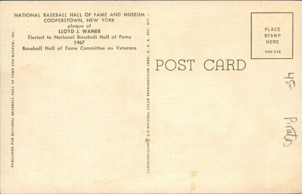 Lloyd Waner HOF Pittsburgh Pirates d.1982 Signed/Auto HOF Plaque Postcard 162496