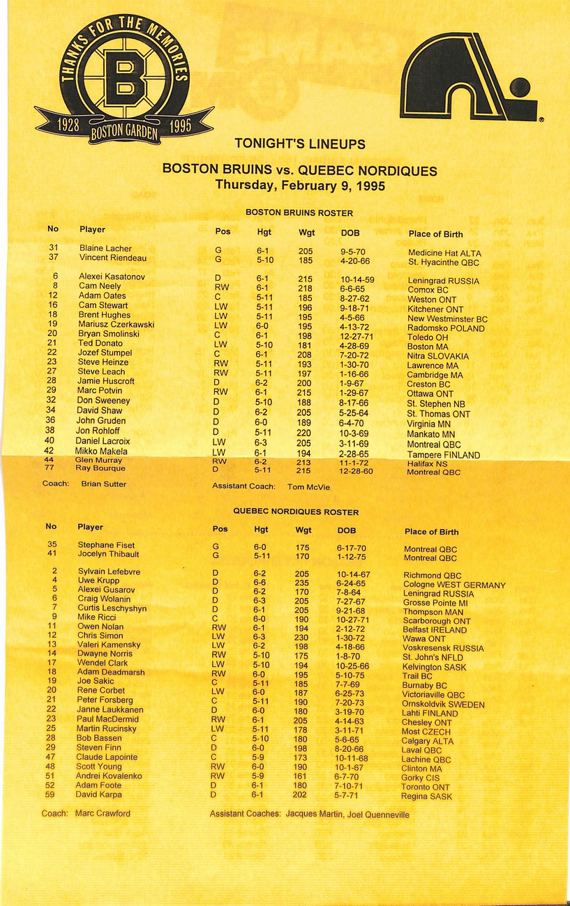 February 9th 1995 Boston Bruins vs Quebec Nordiques Game Program 181790