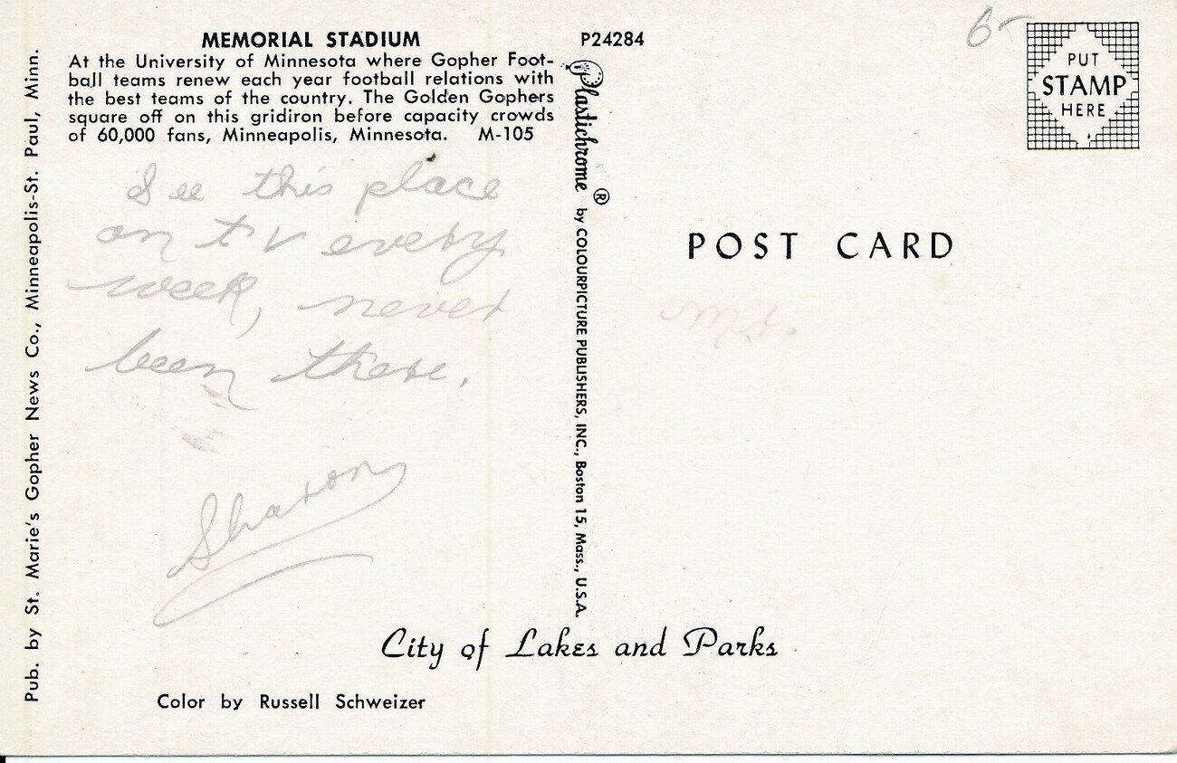Vintage Football Themed Post Card of Univ of Minnesota Memorial Stadium 148990