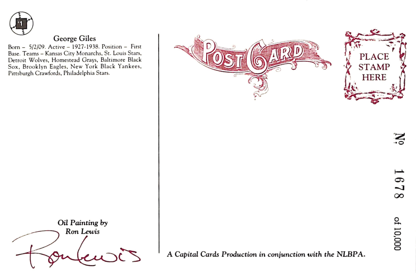 George Giles Unsigned Negro League - St. Louis Stars Ron Lewis Post Card 181237