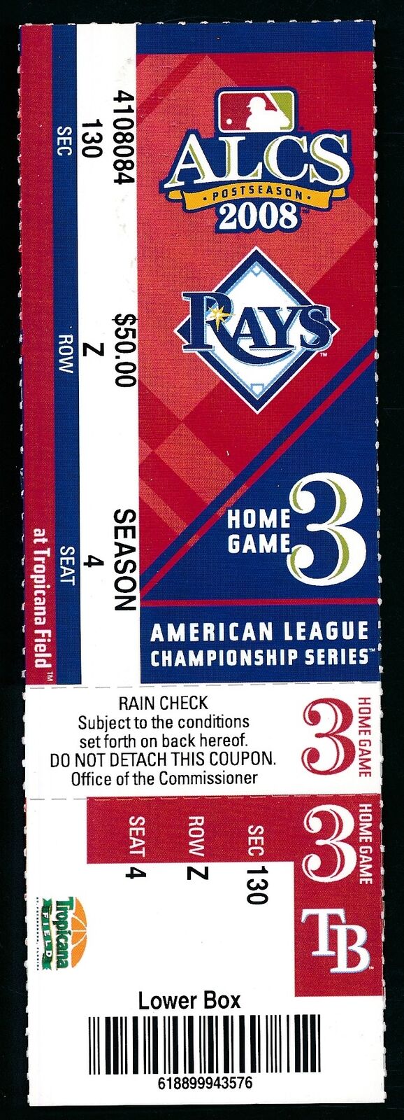 2008 ALCS Game 3 Full Ticket Tampa Bay Rays 2 vs. Boston Red Sox 4 181057