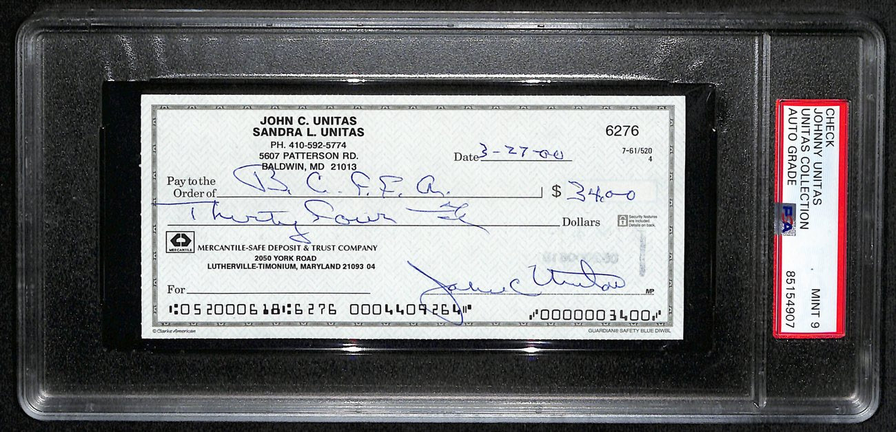 Johnny Unitas HOF Signed/Autographed 2000 Bank Check Colts PSA/DNA MINT 9 189580