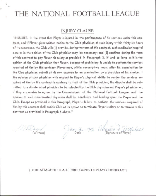 Chaeles Mitchell Autographed 1958 NFL Injury Clause Letter Atlanta Falcons