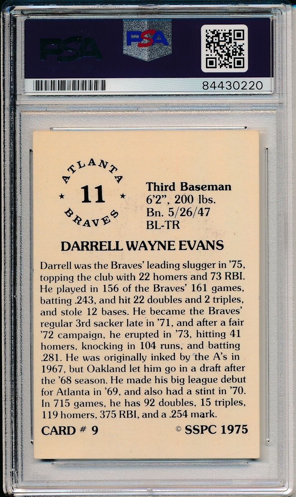 Darrell Evans Atlanta Braves Signed/Auto 1975 SSPC Card #11 PSA/DNA 164243