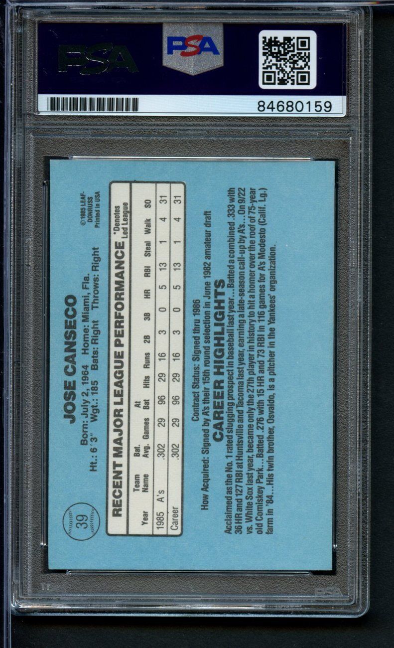 1986 Donruss Rookie Jose Canseco #39 Authentic Card Signed Oakland A's PSA/DNA