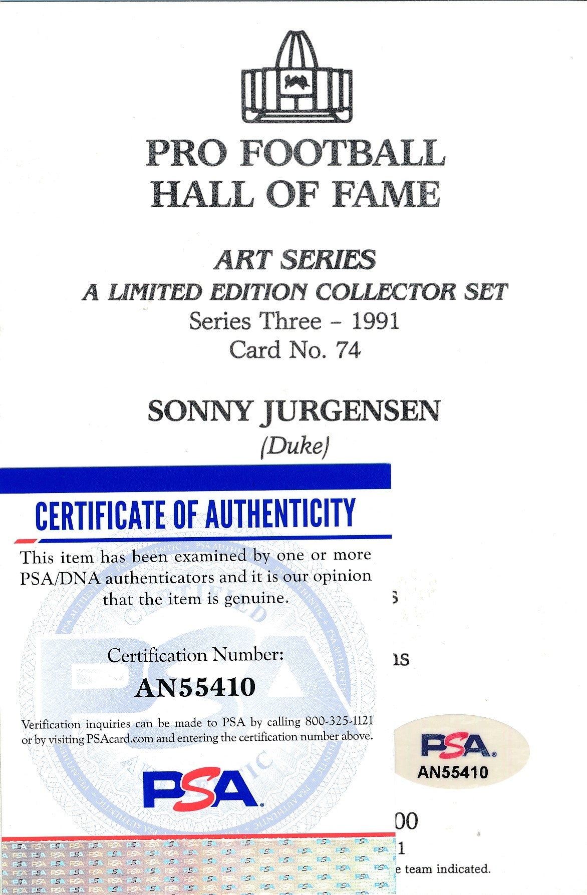 Sonny Jurgensen Redskins Signed 1999 GLAC/Goal Line Art Postcard PSA/DNA 186319