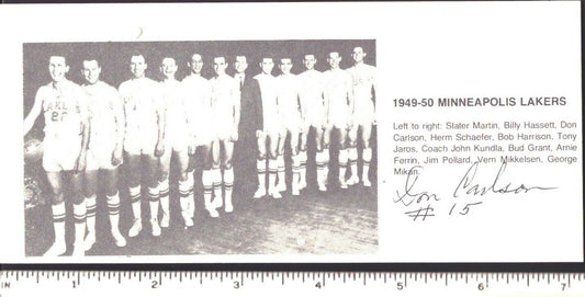 Don Carlson 1949 Minneapolis Lakers d.2004 Signed 7x3 Team Photo 151206