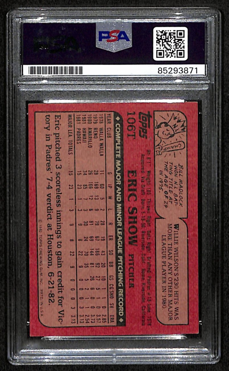Eric Show Signed/Autographed 1982 Topps Card #106T Padres PSA/DNA 190650