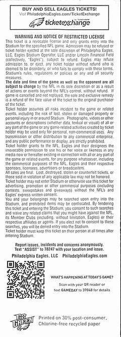 2012 Brian Dawkins HOF Retirement Ceremony Eagles vs. Giants Full Ticket 187848