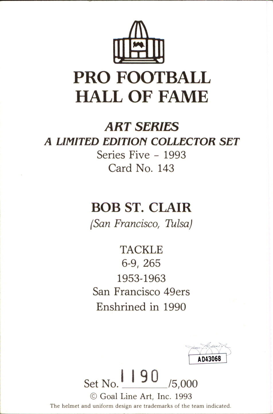 Bob St. Clair HOF Autographed Goal Line Art GLAC Postcard 49ers JSA