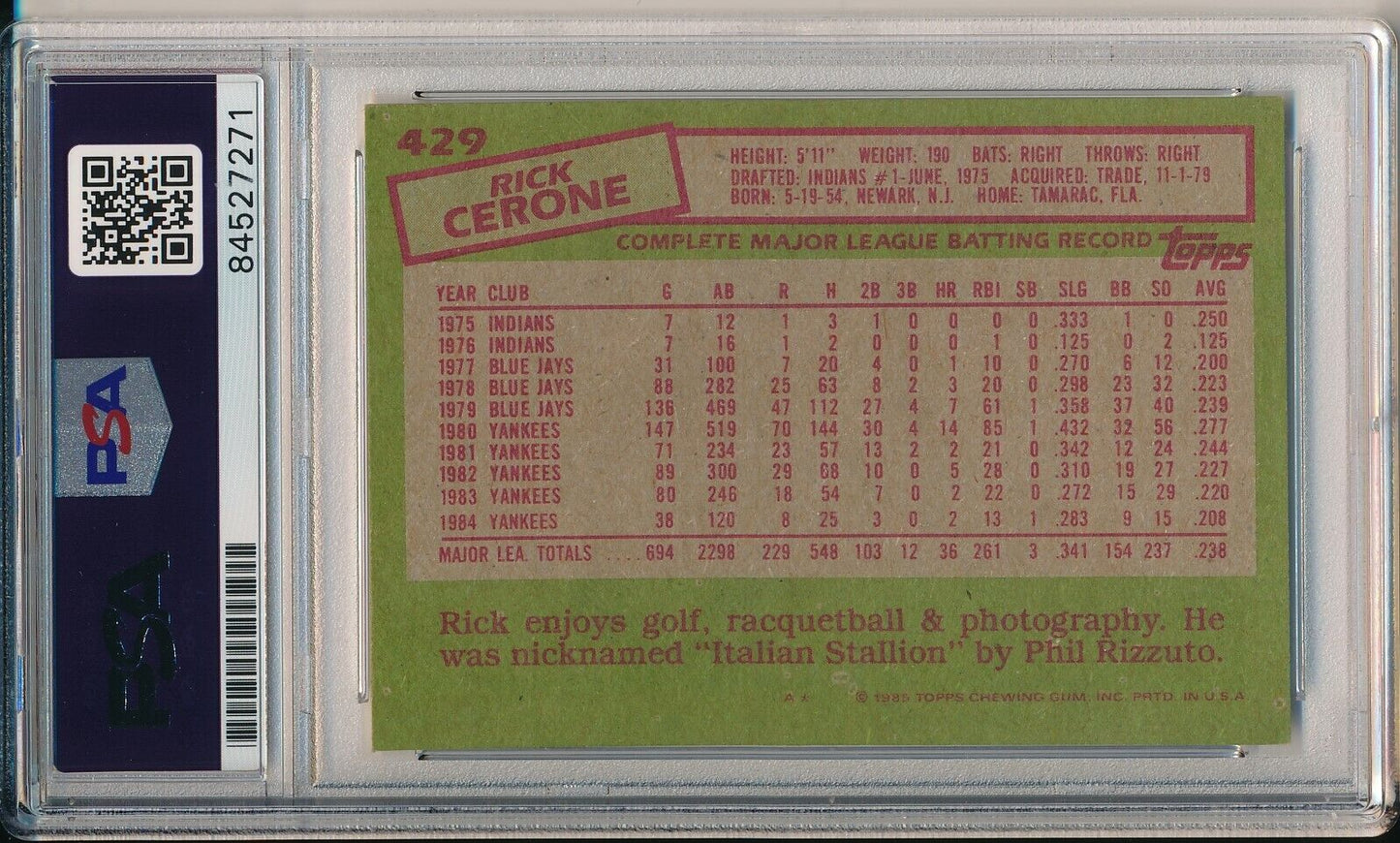 Rick Cerone Yankees Signed/Autographed 1985 TOPPS Card #429 PSA/DNA 166429