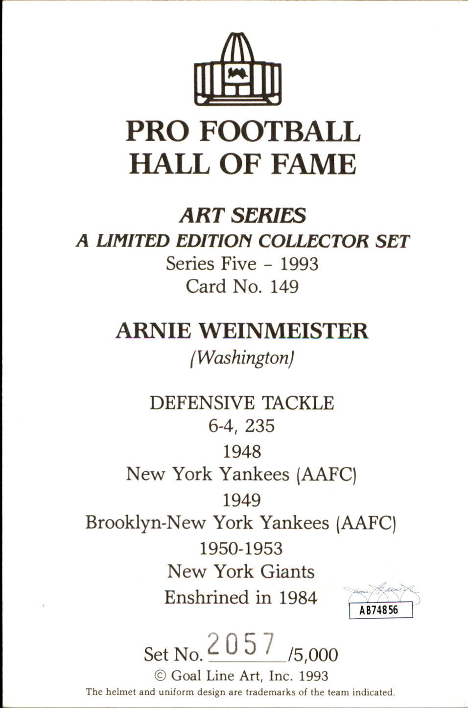 Arnie Weinmeister HOF Autographed Goal Line Art GLAC Postcard Giants JSA
