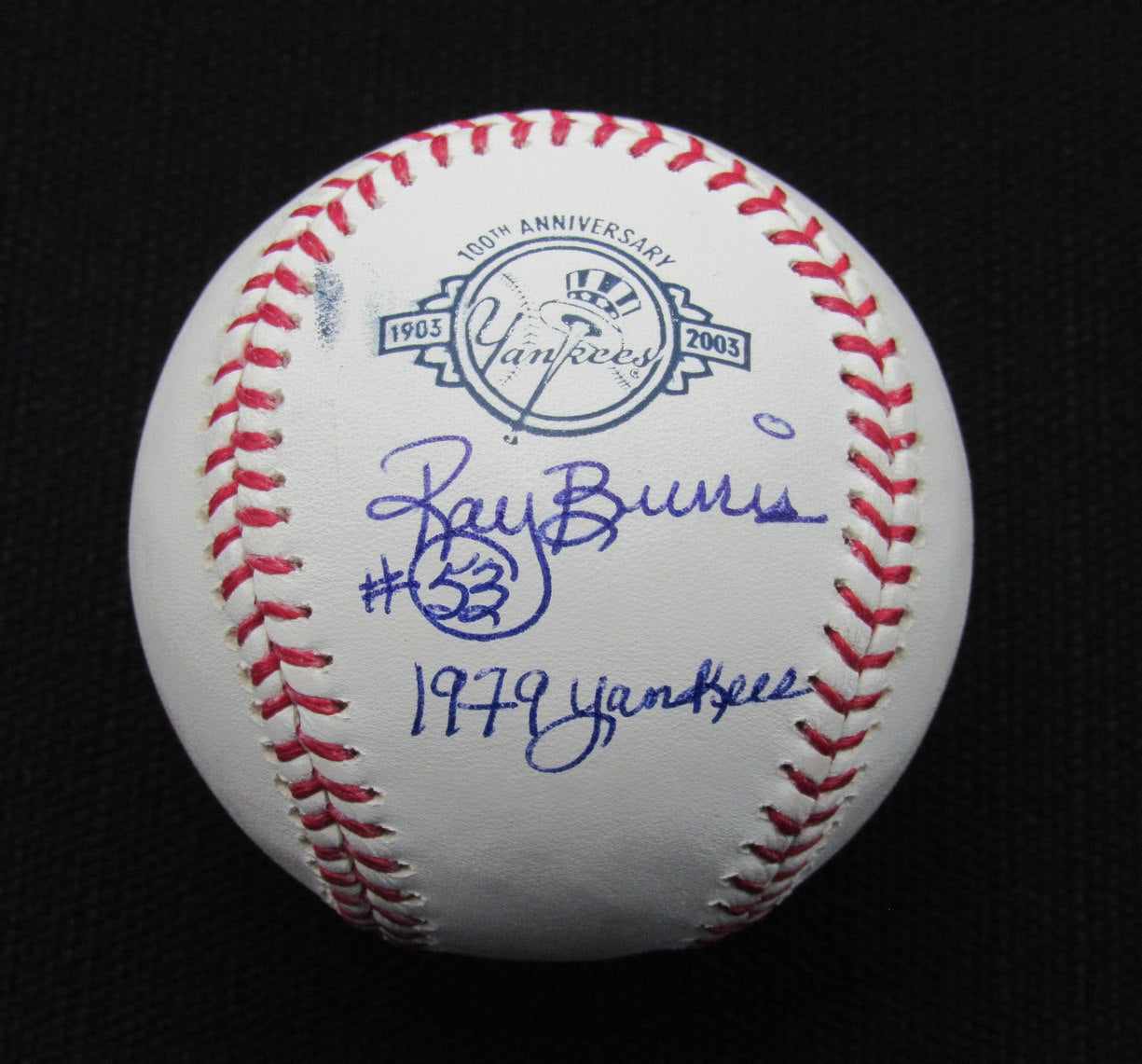 Ray Burris Signed/Auto Yankees 100th OML Baseball JSA Inscr 186699