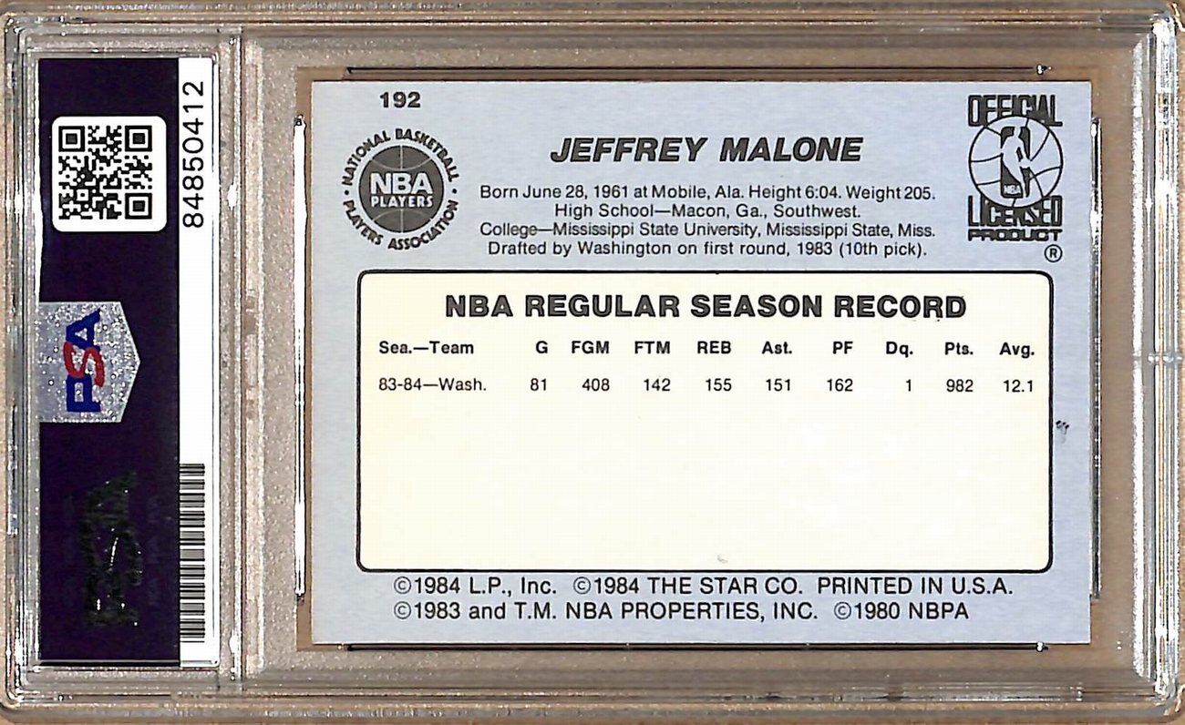 1984-85 Star Company #192 Jeff Malone Bullets Signed/Auto Card PSA/DNA 178984