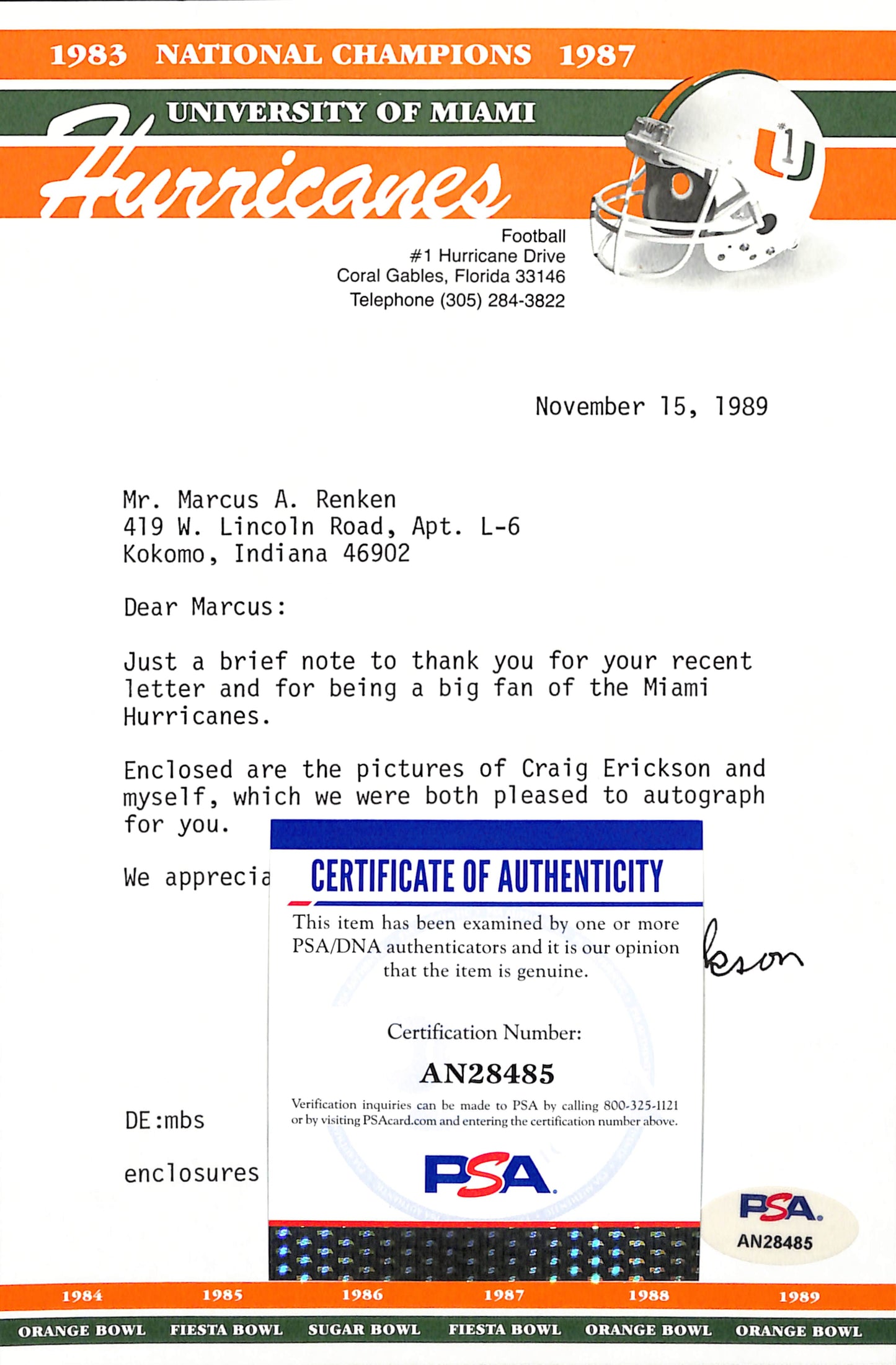 Dennis Erickson CFB HOF Signed TLS Letter University of Miami PSA/DNA 185112