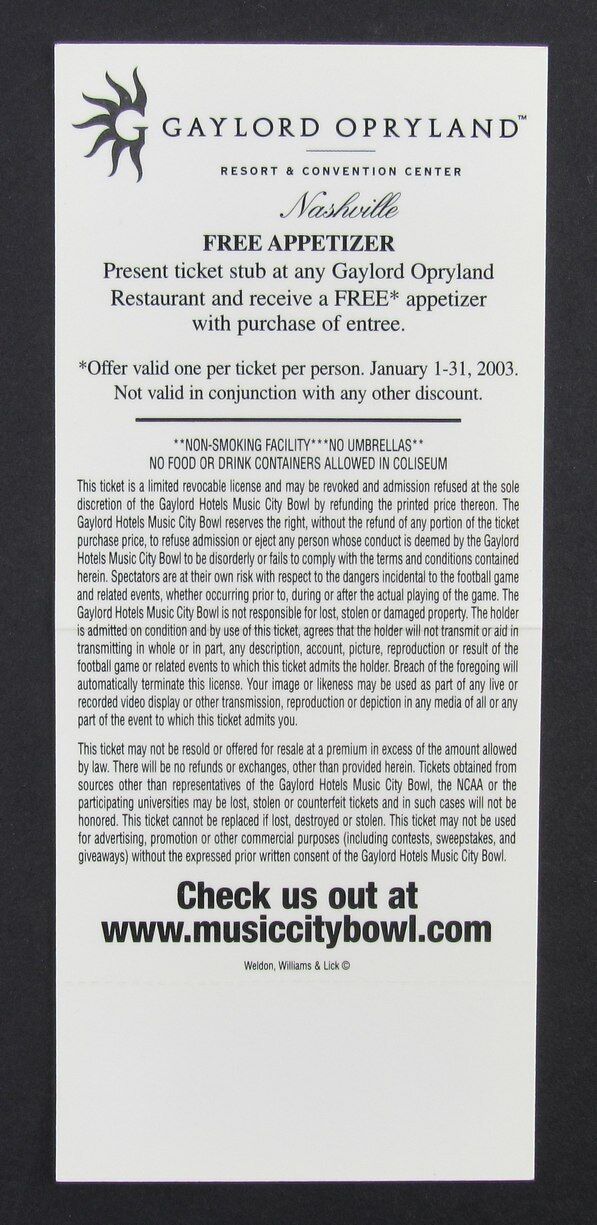 2002 Music City Bowl Full Ticket Arkansas Razorbacks vs. Minnesota Gophers