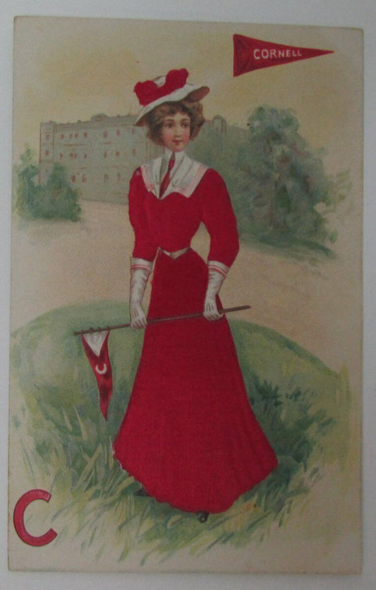 Cornell College  Girl with Pennant 1908 Vintage Postcard Ithaca, New York 148851