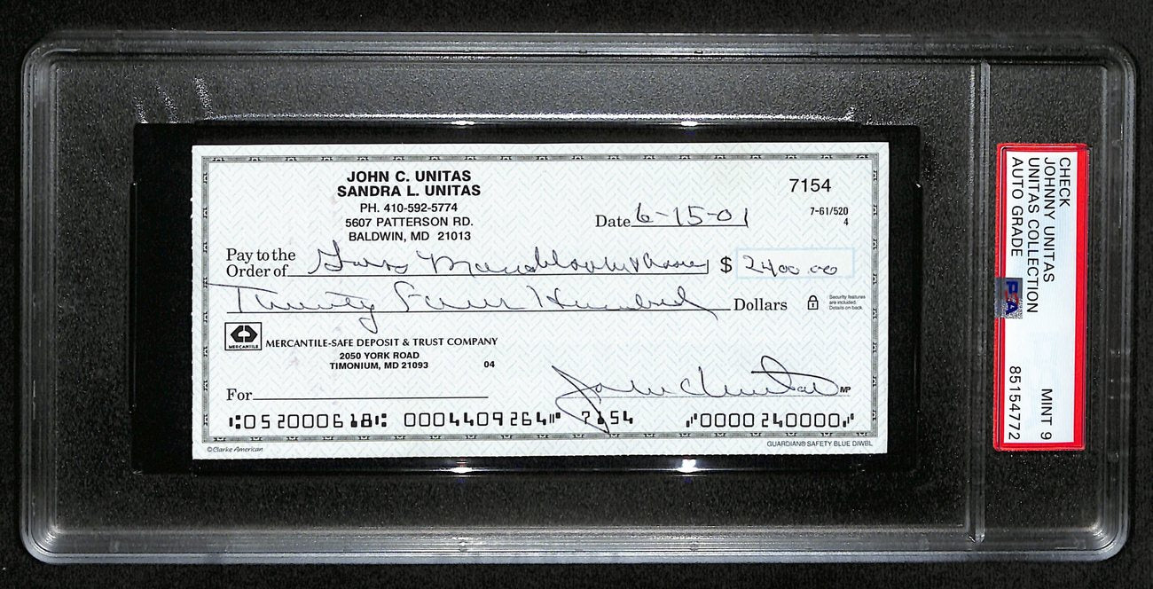 Johnny Unitas HOF Signed/Auto 2001 Bank Check Colts PSA/DNA MINT 9 192613