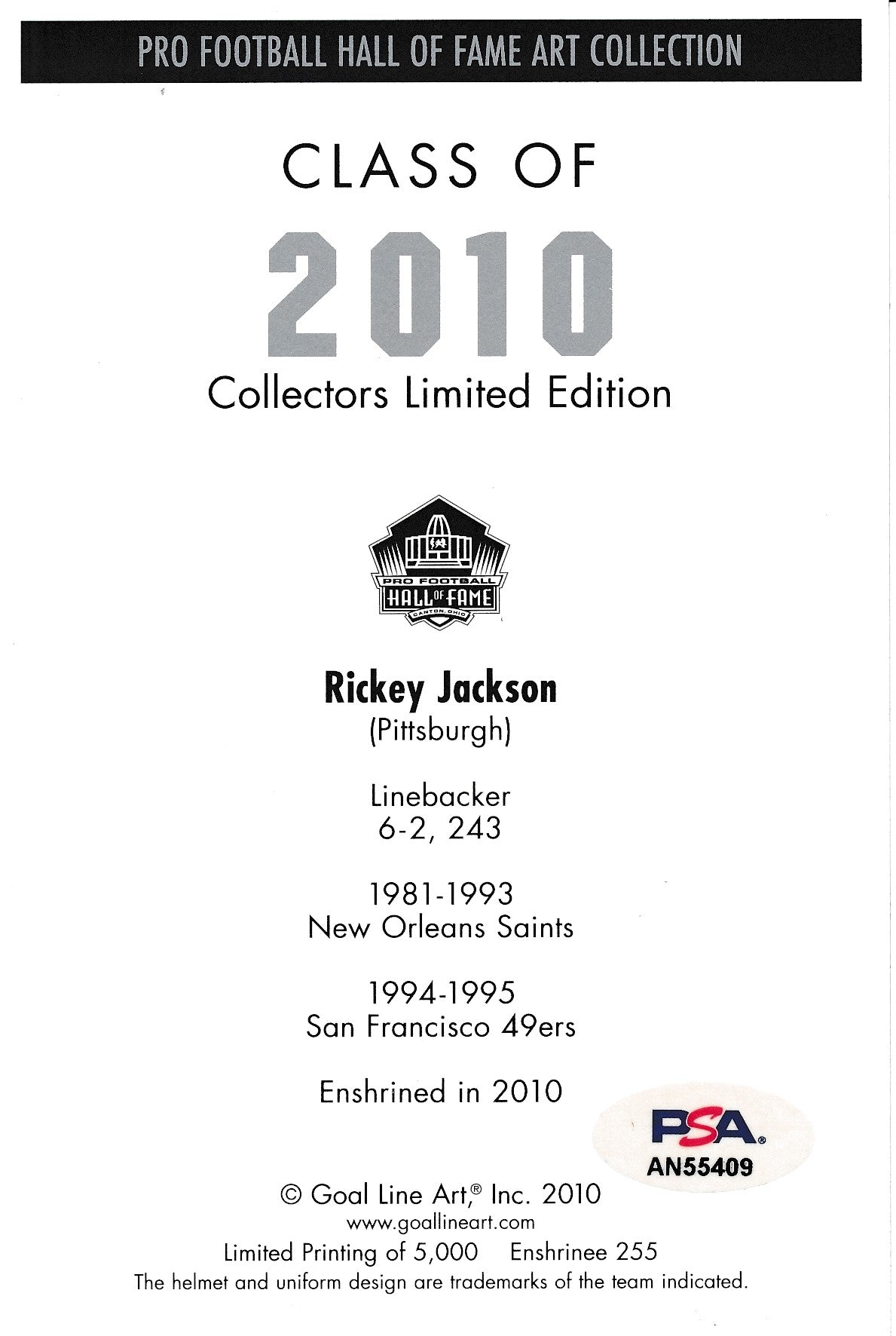 Rickey Jackson HOF Saints Signed 2010 GLAC/Goal Line Art Postcard PSA/DNA 186318