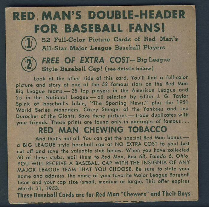 Robin Roberts HOF Phillies 3 1/2 x 3 1/2 1953 Red Man's Card #11 121503