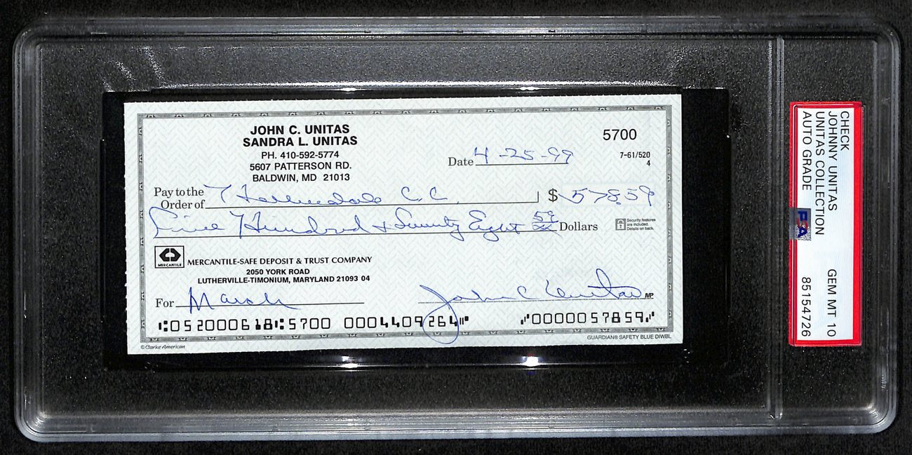 Johnny Unitas HOF Signed/Auto 1999 Bank Check Colts PSA/DNA GEM MT 10 192623
